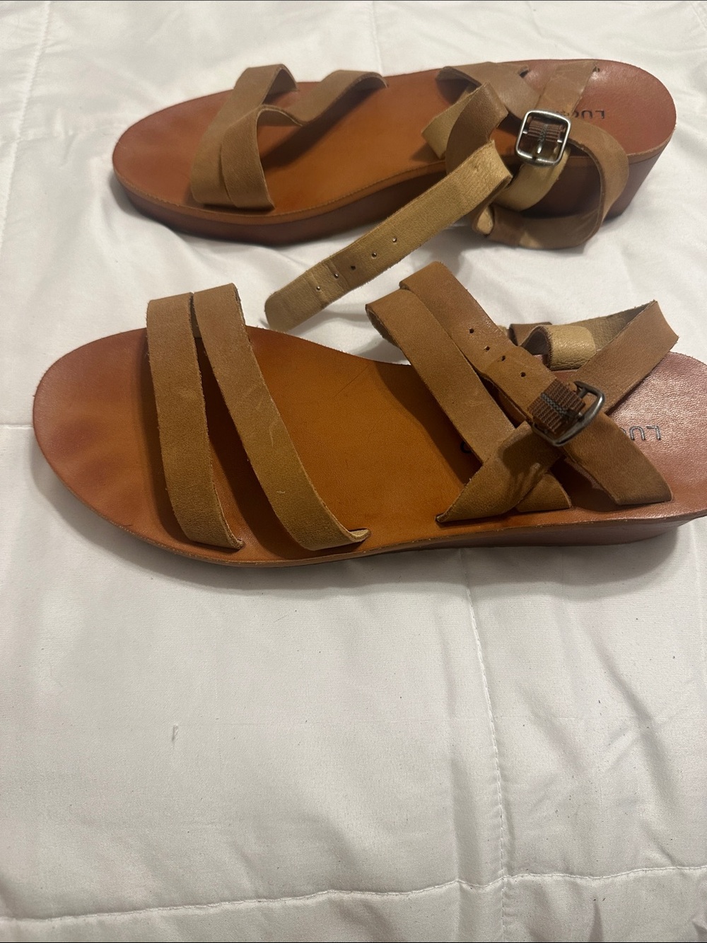 Lucky Brand Women’s Tan Strappy Leather Sandals with Buckle